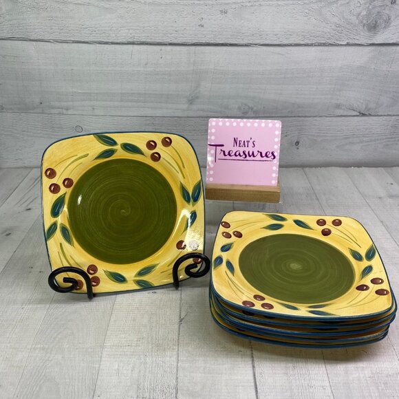 Maxam Sonoma Tuscan TUSCANY Olive Green Center Square Ceramic Salad Plates Set 6 - Picture 1 of 16